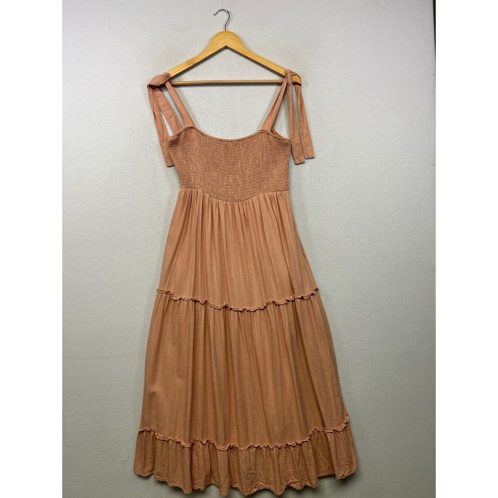 Boho Cottagecore Girl and the Sun Womens Large Peach Tiered Smocked Midi Dress
